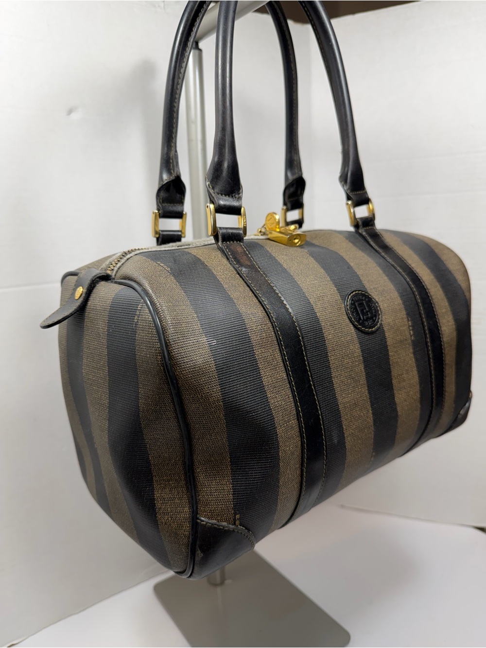 Vintage FENDI Black & Gray Pecan Stripe Speedy/Duffle Style Handbag,Classic 90s - Picture 3 of 13